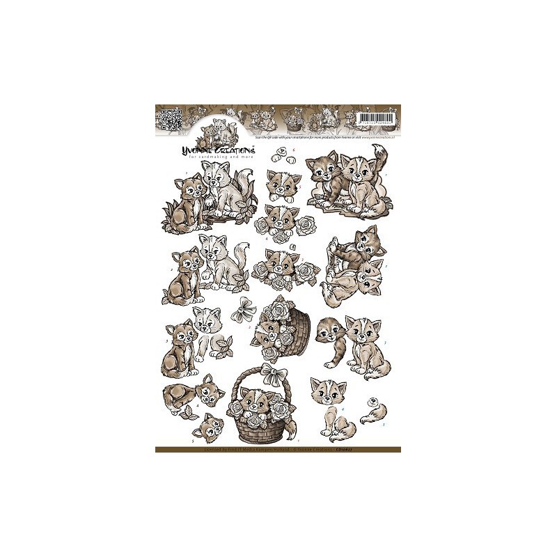 3D Knipvel - Yvonne Creations - Bruine Katjes